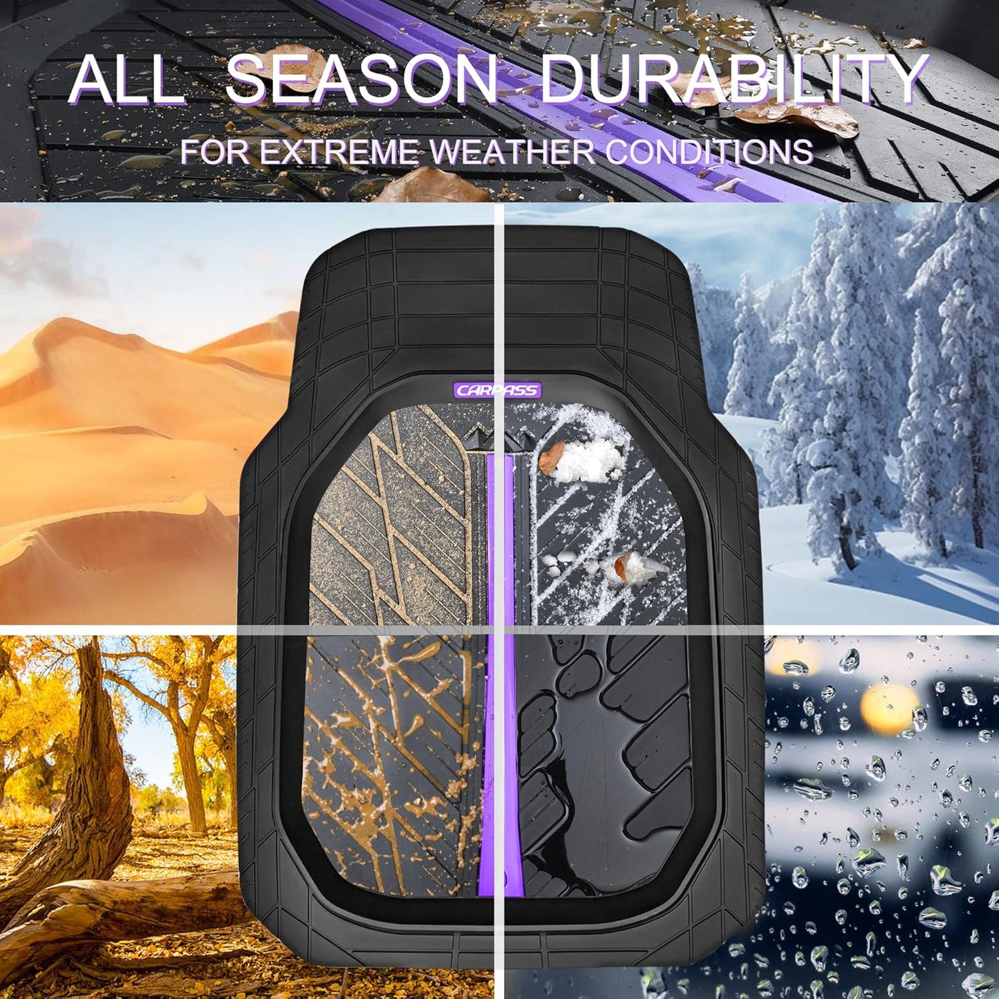 CAR PASS Tire Tread DeepDish Rubber Floor Mats for car Heavy Duty car mats All Weather, Universal XL~M Trim to Fit for Truck SUV Vehicle Automotive, Waterproof car mats 3 Piece (Purple Black)