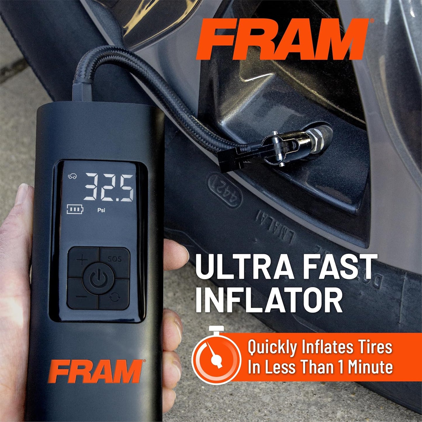 FRAM FEK40002 Portable Emergency Tire Inflator with 6000mAh Battery and 12V, 150PSI Air Pump for Car, Bike, Motor, Ball with Digital Tire Pressure Gauge with LED Light