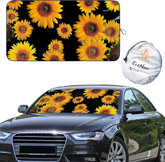 EcoNour Car Windshield Sun Shade with Pouch Bag (Sunflower) | Front Window Sun Protector for UV Rays | Car Interior Accessories Fits Small Sedans, Mini SUVs & Hatchbacks | Medium (64"x 32")
