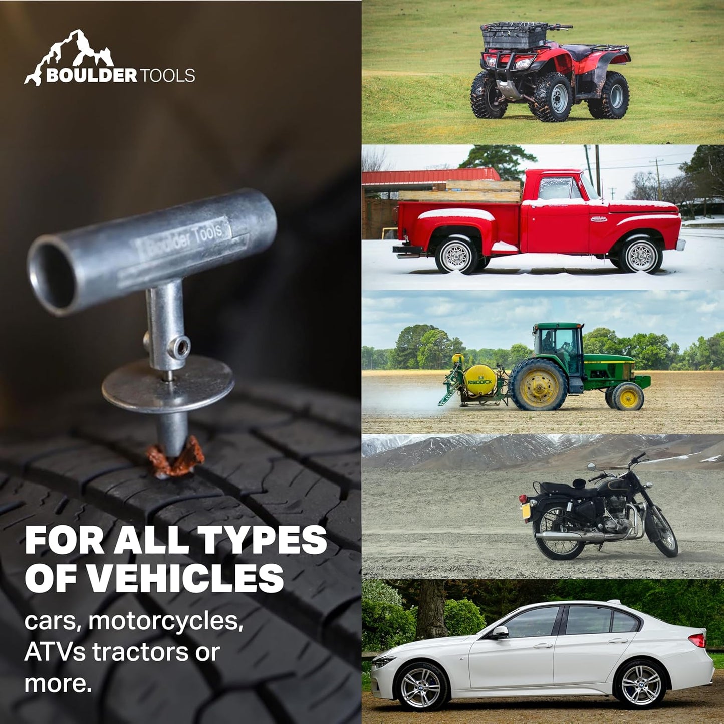 Boulder Tools | Heavy Duty Tire Repair Kit - Flat Tire Patch Kit, Tools for Quick and Easy Repair - Tire Plugs Kit Suitable for Car, Truck, RV, SUV, ATV, Motorcycle, Tractor, Bike & Trailer