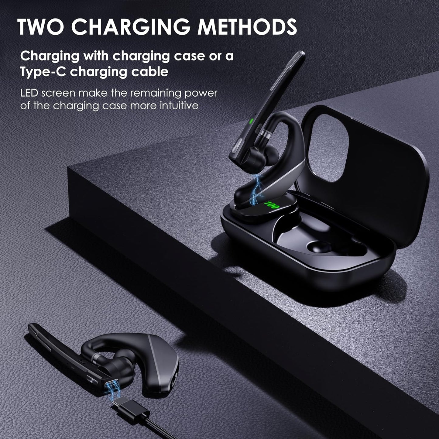 Bluetooth Headset V5.3, 96H Talktime, Wireless Earpiece with 1000mAh Charging Case, Bluetooth Headphones with Dual-Mic for Computer Cell Phones Trucker Home Office Work (Gray)